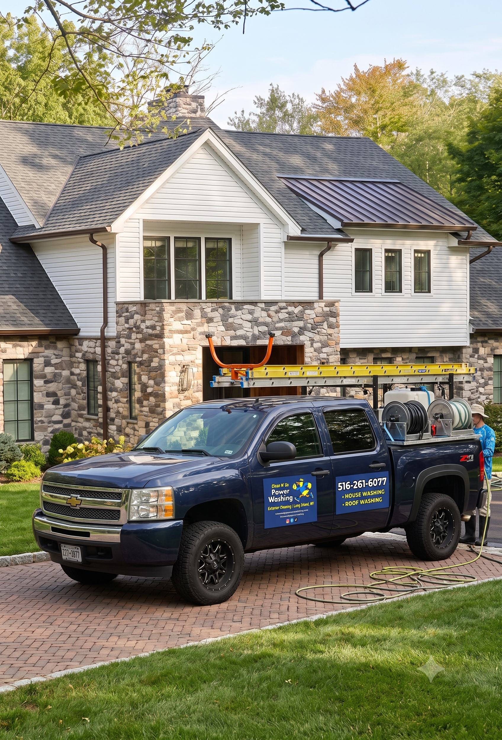 Clean N' Go Power Washing branded truck parked outside a freshly washed Long Island home