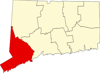Map of Connecticut with Fairfield County highlighted in red